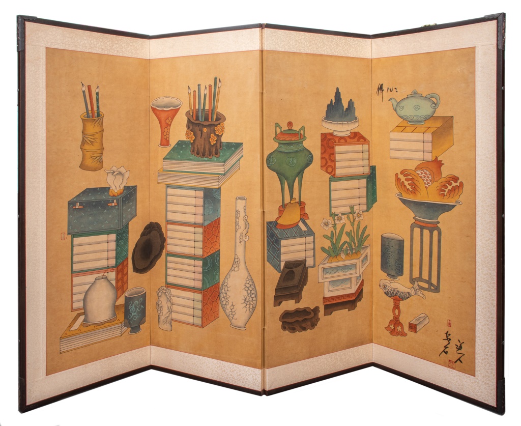 Appraisal: KOREAN CHAEKGEORI PANEL SCREEN Korean Chaekgeori books and things four-panel