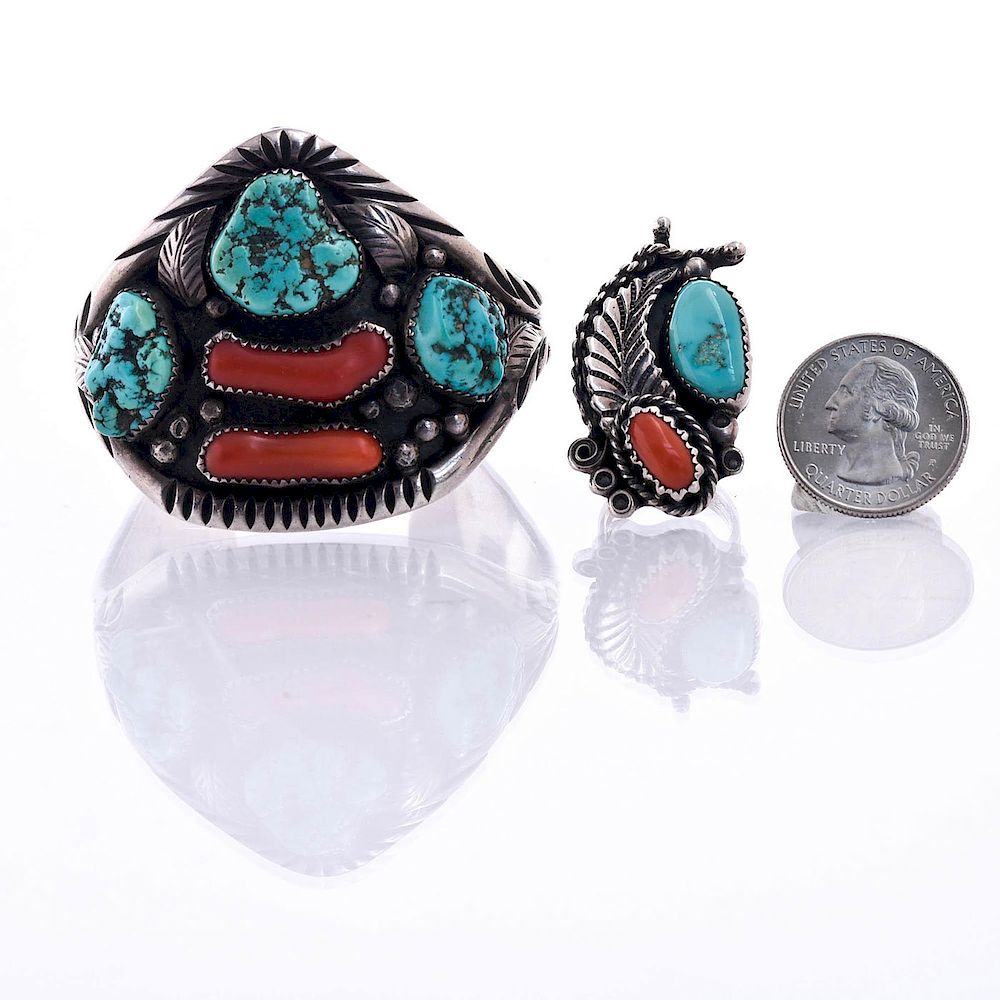 Appraisal: NATIVE AMERICAN SILVER TURQUOISE CORAL CUFF AND RING O C