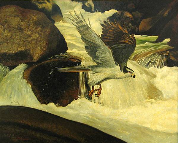 Appraisal: American School th Century Raptor over rushing water signed and