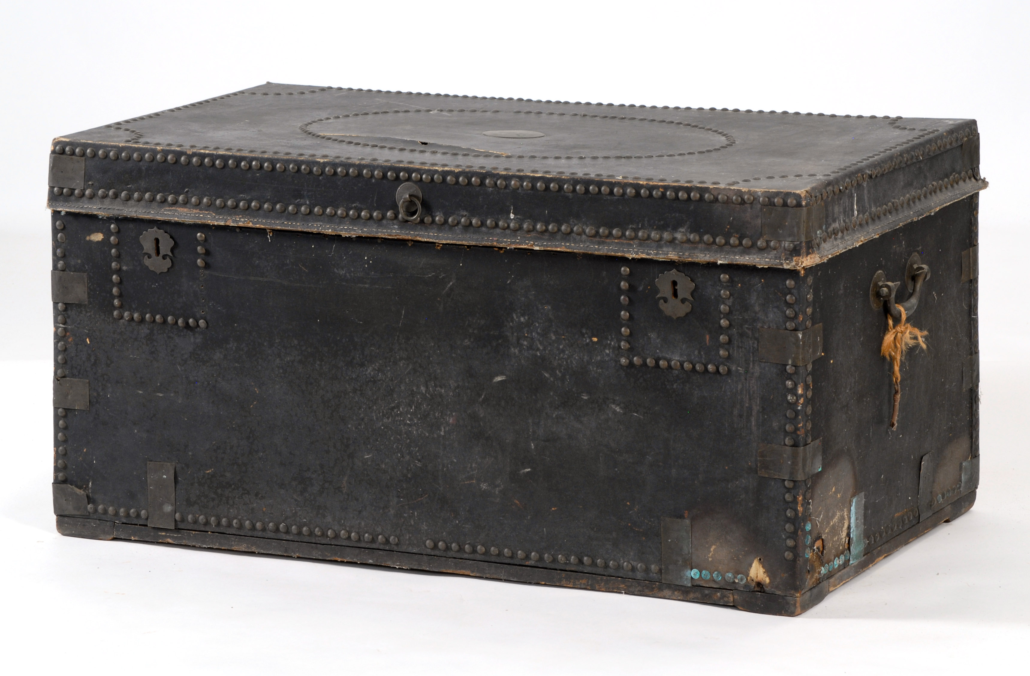 Appraisal: MID- TH CENTURY CAMPHORWOOD TRUNK with brass-bound and tacked leather