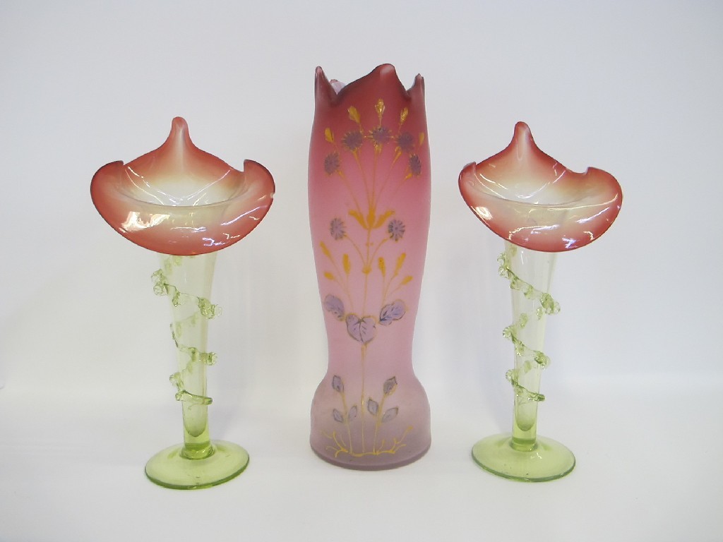 Appraisal: Pair of Jack in the Pulpit vases and a satin