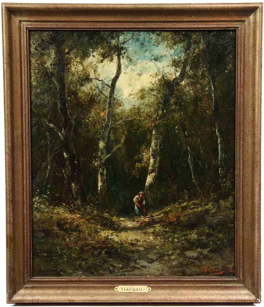 Appraisal: OOC - Barbizon School Forest Scene with Woman Gathering Wood