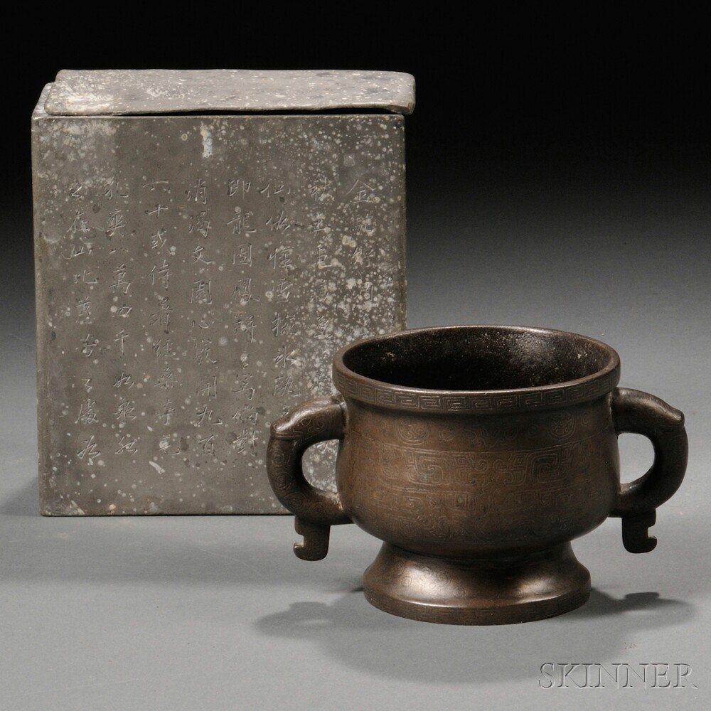 Appraisal: Metal Container and Censer China a rectangular pewter box with