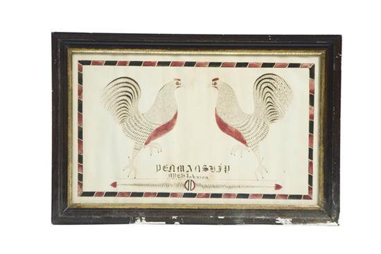 Appraisal: SPENCERIAN DRAWING Facing roosters with alternating red and black border