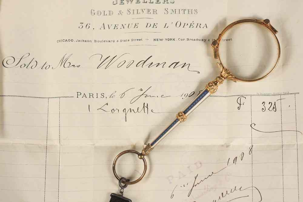 Appraisal: FRENCH GOLD LORGNETTE - French Enameled Gold Collapsible Lorgnette in