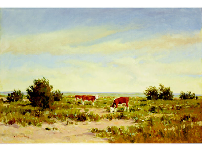 Appraisal: BILL HARRISON AMERICAN TH CENTURY Cattle in sunlit field oil