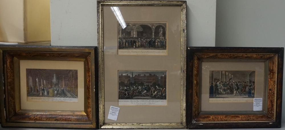 Appraisal: FOUR ENGLISH HAND-COLORED ENGRAVINGS FRAMED AS THREE LARGEST X IN