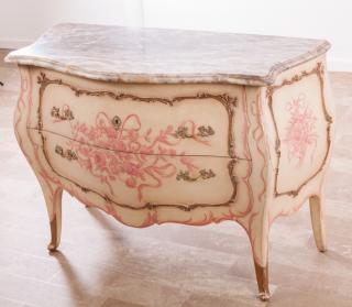 Appraisal: Marcel Tartaglia Marble Top Bombe Commode Custom hand painted two