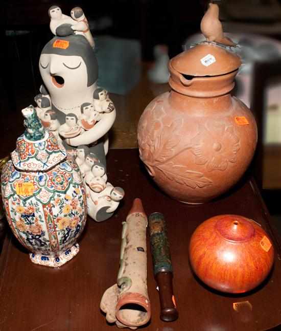 Appraisal: Painted clay figural group terracotta Mexican flute terracotta covered pitcher