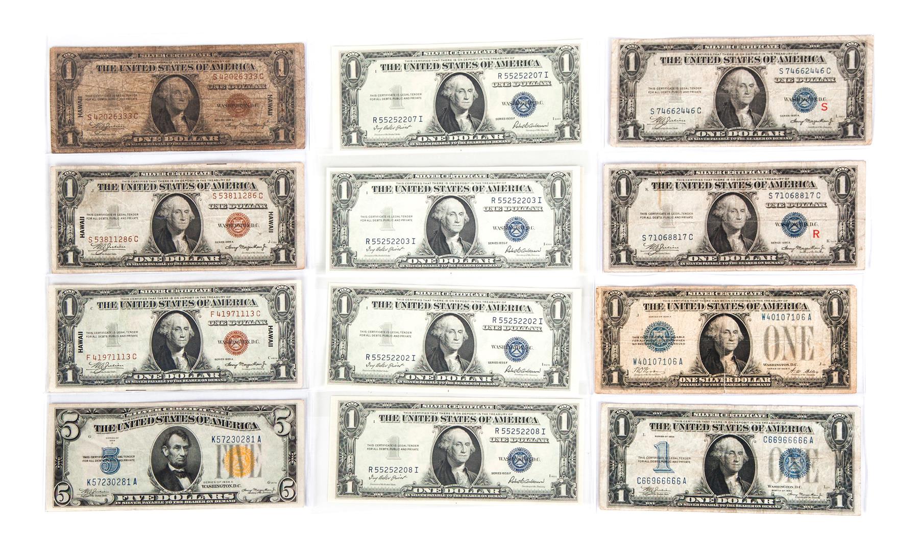 Appraisal: THIRTEEN SILVER CERTIFICATES One yellow seal five-dollar and three red-seal