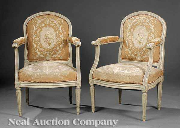 Appraisal: A Pair of Antique Louis XVI-Style Gris Peinte Fauteuils th