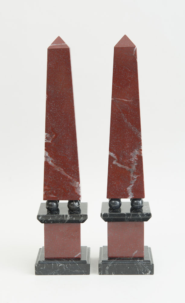 Appraisal: PAIR OF NEOCLASSICAL STYLE RED AND VEINED BLACK MARBLE OBELISKS