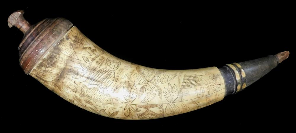 Appraisal: Scrimshaw decorated powder horn American early th C turned wood