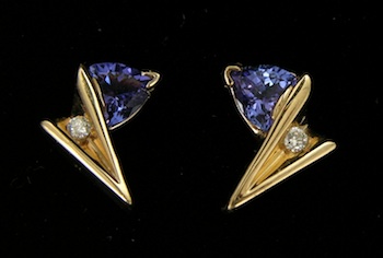 Appraisal: A Pair of Tanzanite and Diamond Post Earrings yellow gold