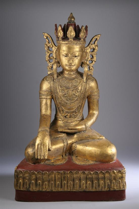 Appraisal: BURMESE GILT AND LACQUERED WOODEN FIGURE OF BUDDHA Early th