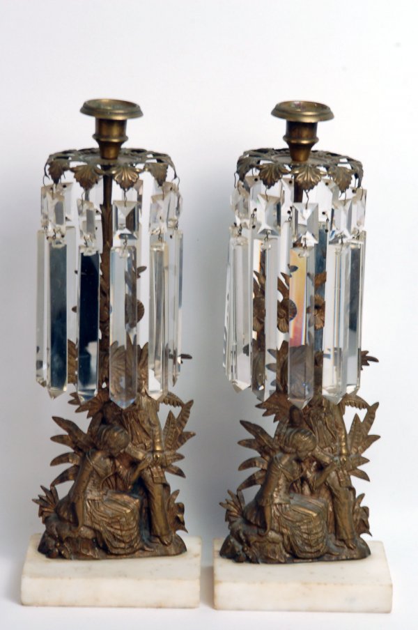 Appraisal: Pair of brass figural lamps with marble bases Clear glass