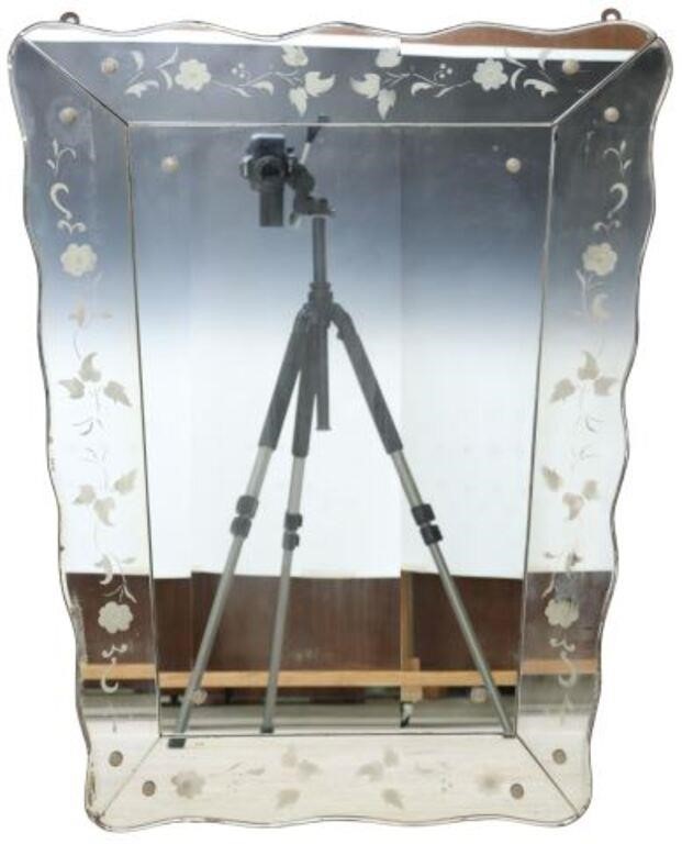 Appraisal: Italian modern etched glass mirror c s having shaped frame