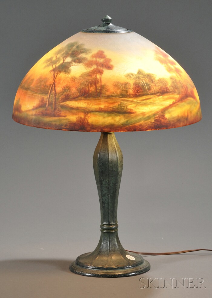 Appraisal: Jefferson Scenic Reverse-Painted Table Lamp Glass and patinated metal Chicago