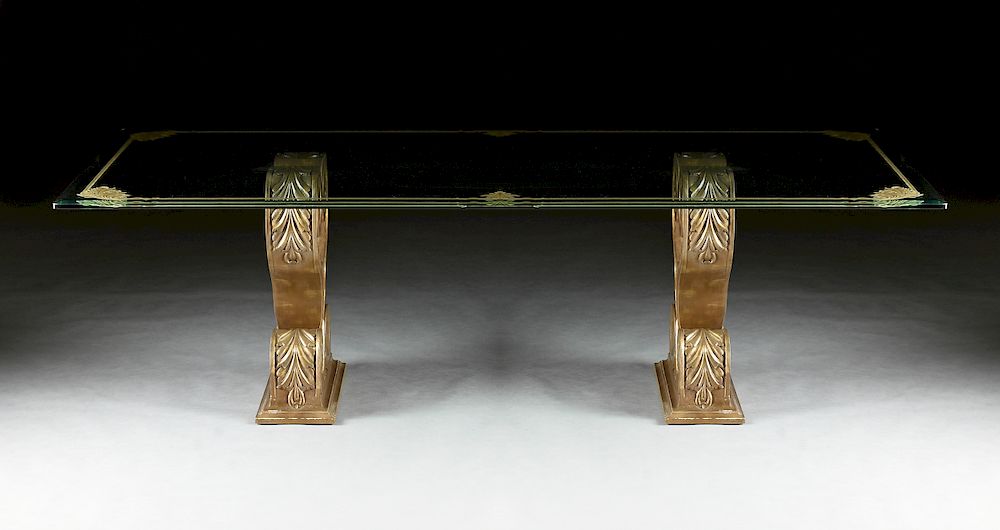 Appraisal: A HOLLYWOOD REGENCY STYLE GILT ETCHED GLASS TOP DUAL PEDESTAL