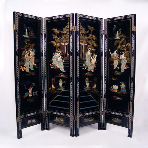 Appraisal: CHINESE PANEL SCREEN Applied figures on lacquer screen ''h each