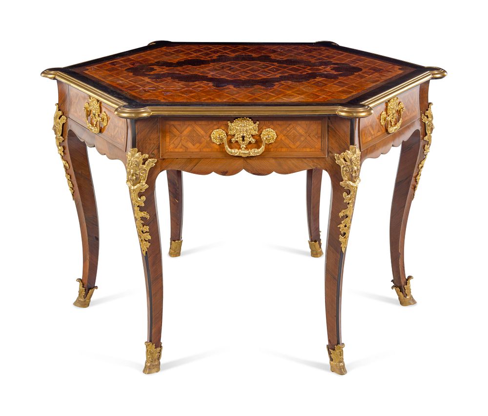 Appraisal: A Neoclassical Gilt Bronze Mounted Parquetry Hexagonal Center Table A