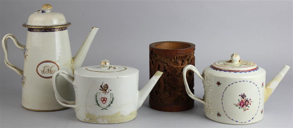 Appraisal: TWO CHINESE EXPORT TEAPOTS A COFFEE POT AND A BAMBOO