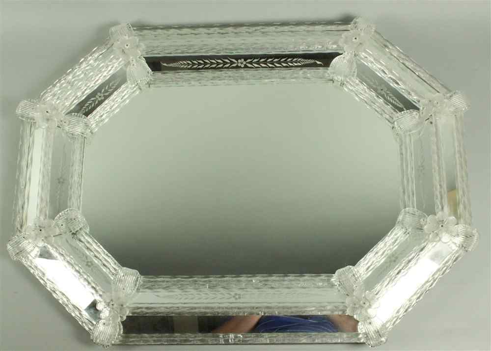 Appraisal: VENETIAN GLASS ETCHED MIRROR having an elongated octagonal plate surrounded