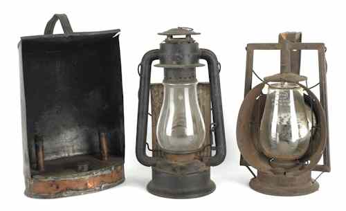 Appraisal: Copper and tin gigging lantern th c together with two