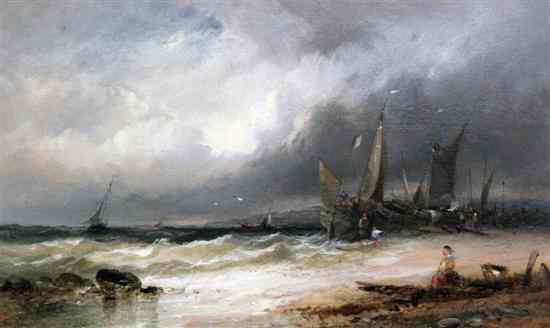 Appraisal: W R oil on board Unloading the catch initialled x