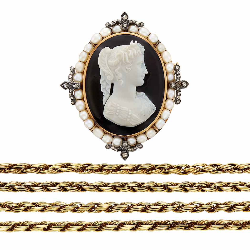 Appraisal: Long Gold Watch Chain and Antique Gold Silver Hardstone Cameo