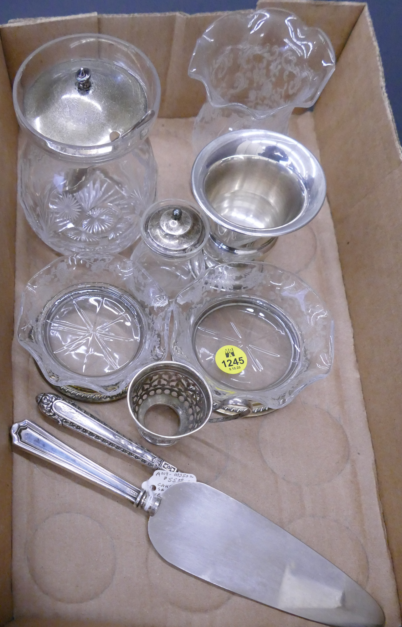 Appraisal: Box Sterling Mounted Etched Glass Condiments Etc