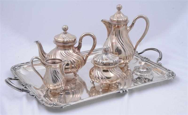 Appraisal: GERMAN SILVER FOUR-PIECE TEA AND COFFEE SERVICE A SILVER TRAY