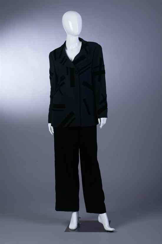 Appraisal: CHANEL BLACK WOOL AND VELVET PANTSUIT Autumn size Comprising jacket