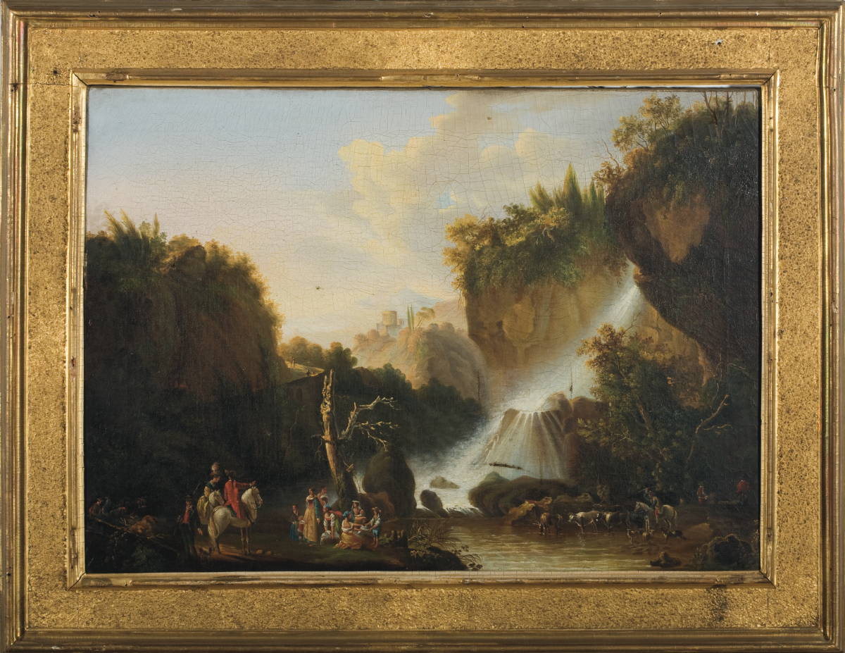 Appraisal: CONTINENTAL LANDSCAPE WITH TRAVELERS STOPPING AT A WATERFALL Oil on