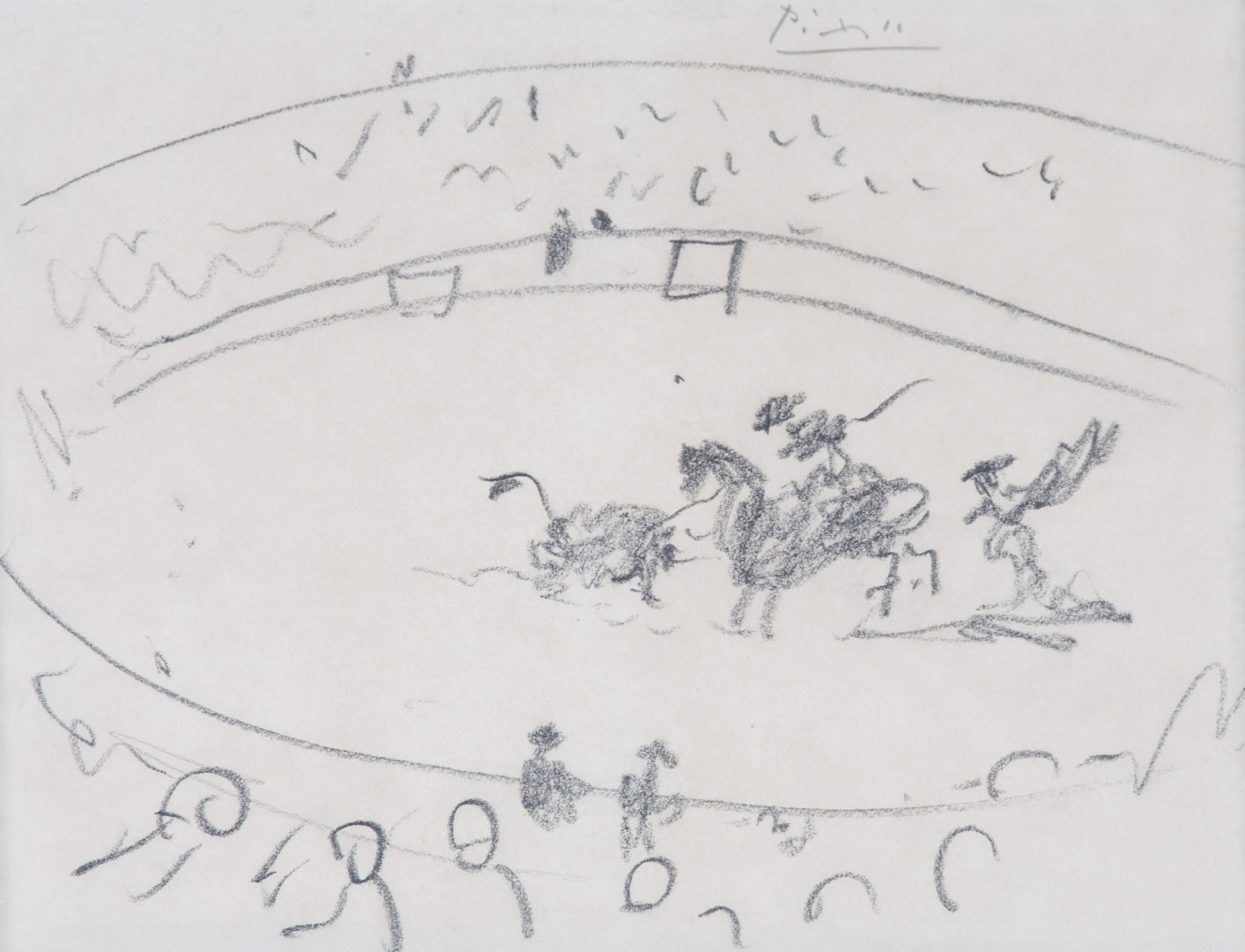 Appraisal: Pablo Picasso Bullfight black chalk on paper Spanish - Signed