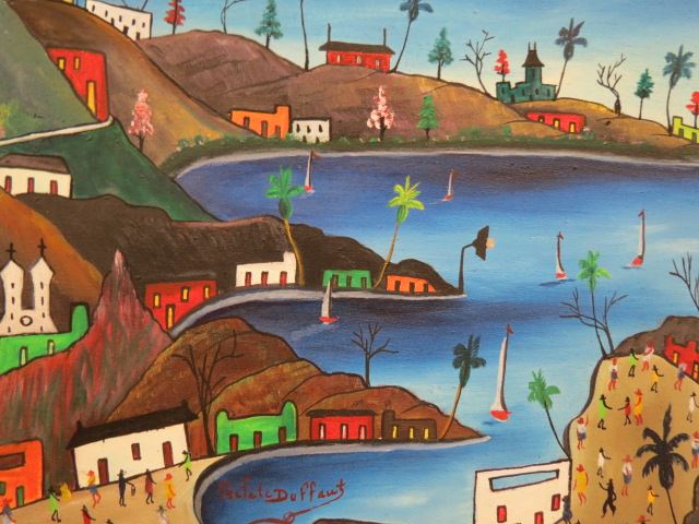 Appraisal: Prefete Duffant acrylic Haitian Waterfront Village Scene well listed artist