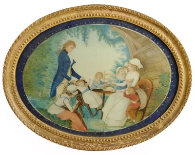 Appraisal: An th century oval reversed glass painting depicting a family