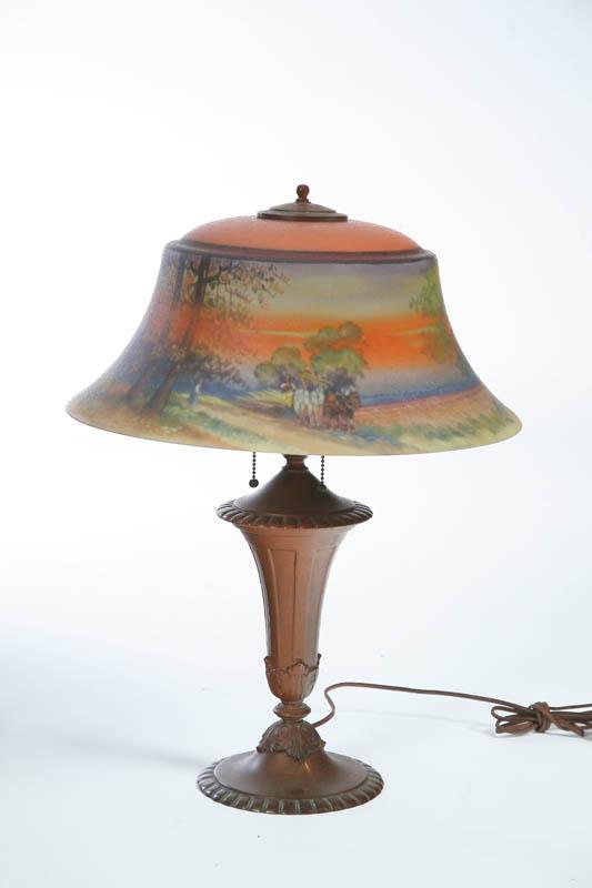 Appraisal: PAIRPOINT TABLE LAMP Reverse painted shade depicting a farm scene