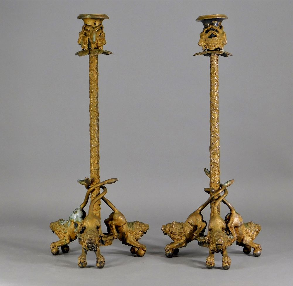 Appraisal: C Continental Gilt Bronze Lion Ram Candlesticks Europe th Century