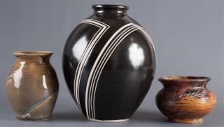 Appraisal: Signed Art Pottery Vases Three Includes Modern grey and white