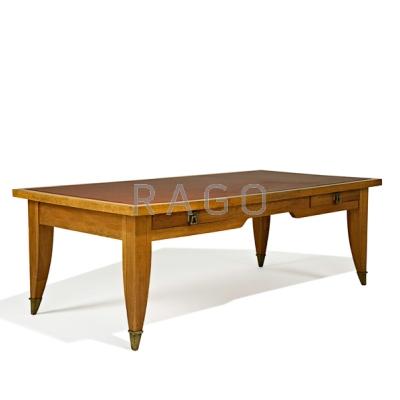 Appraisal: LEON JALLOT ATTR Desk table France s Oak leather brass