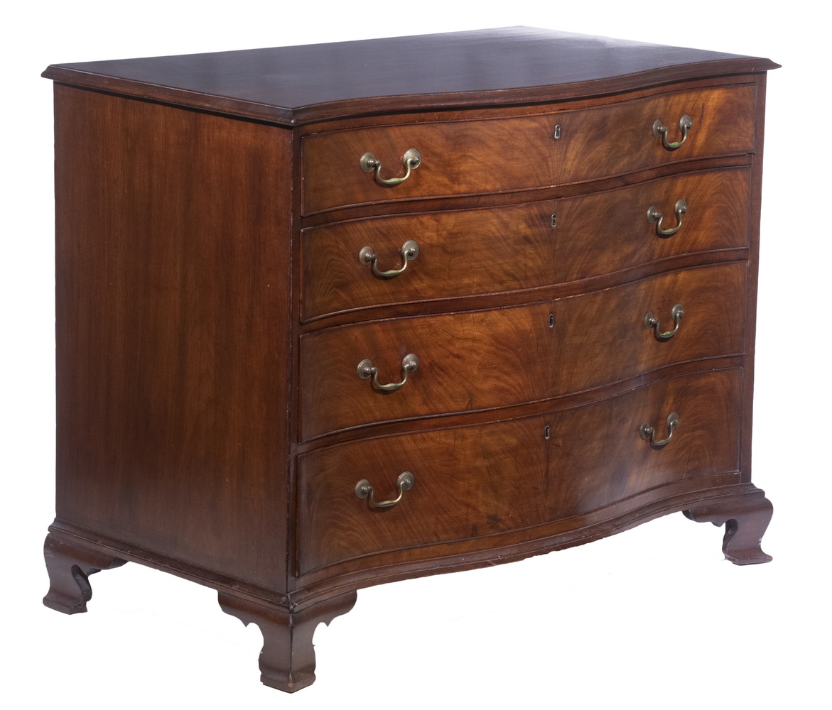 Appraisal: PHILADELPHIA CHIPPENDALE CHEST th c Mahogany Serpentine Chest with molded