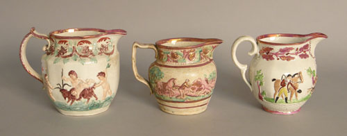 Appraisal: Three pink luster pitchers two with hunt scenes and one