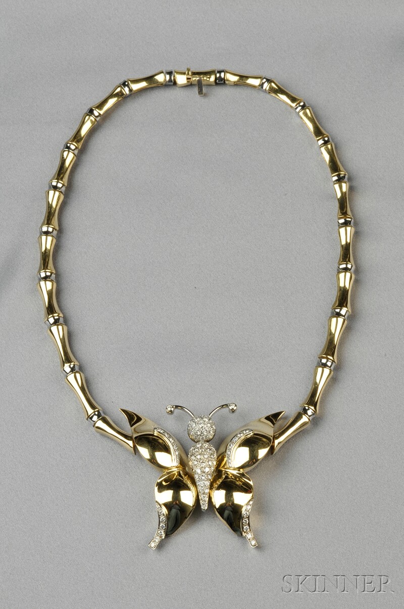 Appraisal: kt Bicolor Gold and Diamond Butterfly Necklace the body and