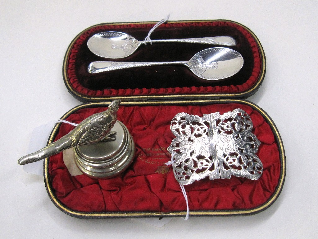 Appraisal: Lot comprising cased pair silver spoons EP desk weight and