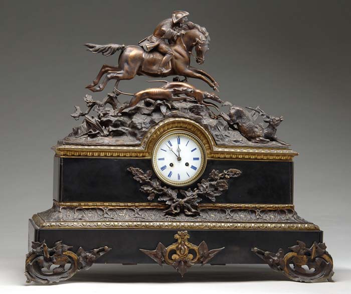 Appraisal: LARGE FIGURAL BRONZE AND SLATE MANTLE CLOCK Top decorated with