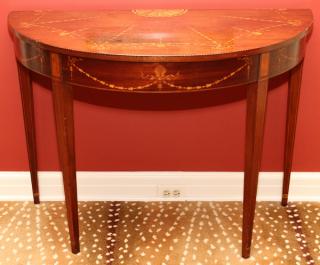 Appraisal: INLAID MAHOGANY DEMILUNE TABLE INLAID MAHOGANY DEMILUNE TABLE H W