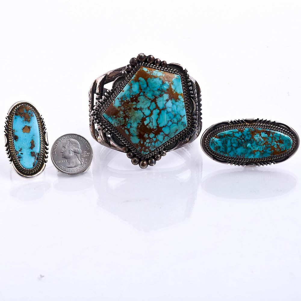 Appraisal: NATIVE AMERICAN STERLING TURQUOISE CUFF MATCHED RINGS Cuff C Approx