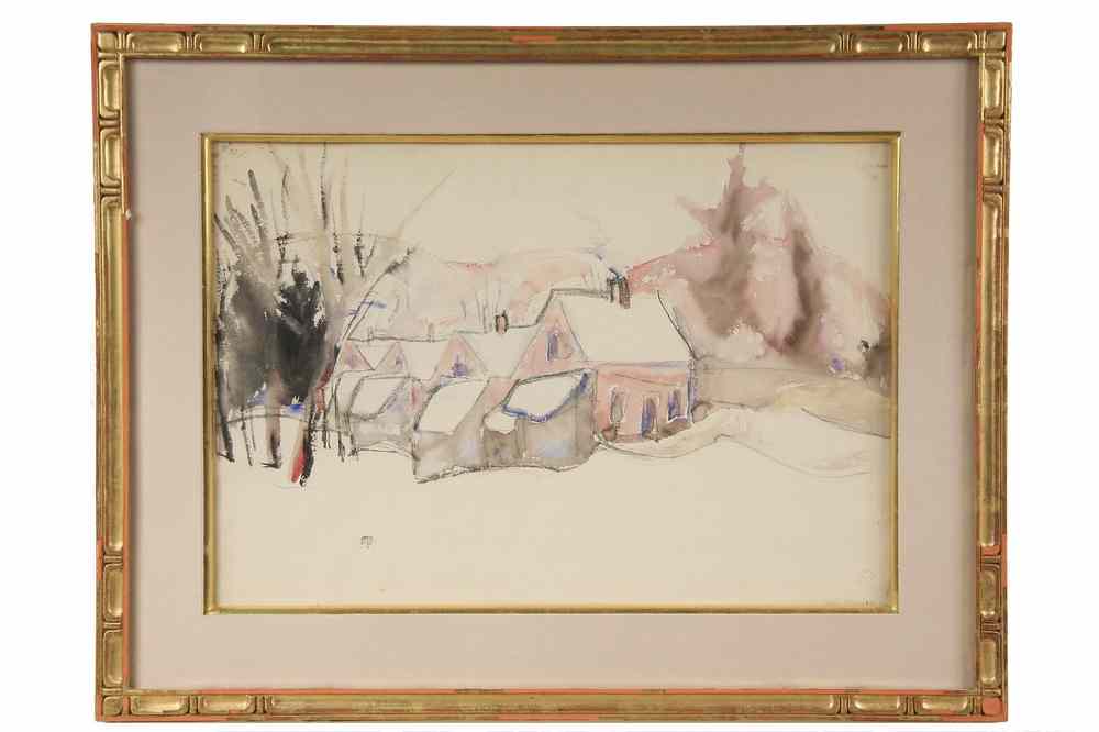 Appraisal: WATERCOLOR- Red Houses in Winter by Carl Sprinchorn Maine -