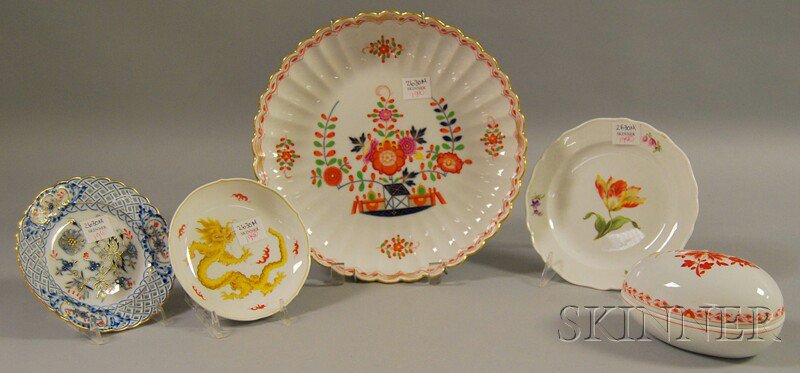 Appraisal: Five Enamel-decorated Meissen Porcelain Items a chinoiserie-decorated low bowl small